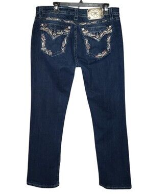 Y2K Miss Me Mid Rise Easy Straight Rhinestone Bling Back Pocket Jeans Size 34